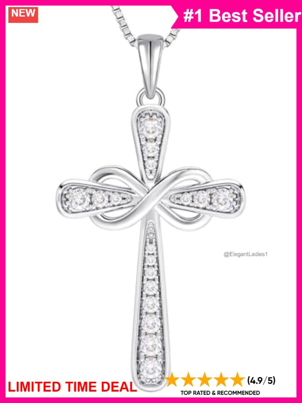 925 Sterling Silver Cross Necklace Halo Infinity Pendant Cubic Zirconia